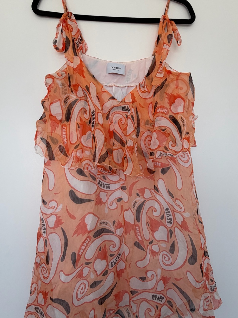 Dondup Peach-Orange Swirl Ruffle Tie-Strap Mini Dress